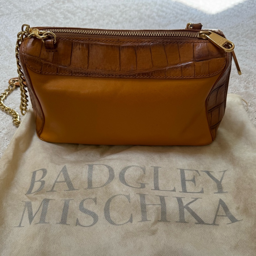 Badgley Mischka Brown and Tan Clutch with Polished Leather
